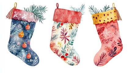 Bohostyle Christmas stocking clipart, with tassels and fringe, watercolor illustration, natural tones, isolated on white background