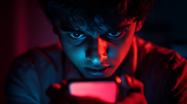 A close up of a young man or teenager of Asian heritage staring intensely at a phone, he is lit in red and blue, and has a sinister feel. Landscape 16:9 format with copy space