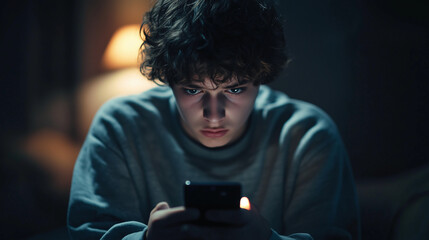 A teenage boy stares, fixated, at his cellphone, looking concerned or distressed. Wide landscape format 16:9 with space for copy.