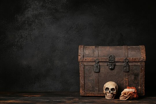 A mysterious scene featuring an antique treasure chest and human skulls, evoking themes of adventure and the unknown.