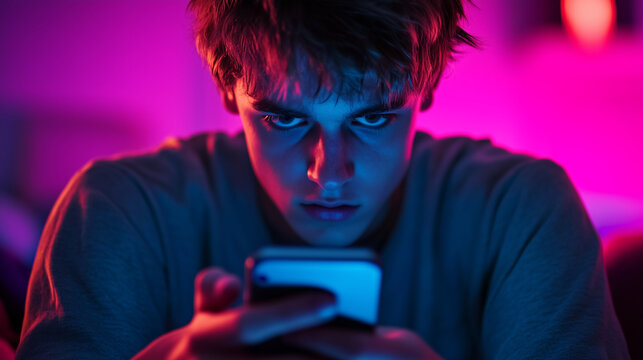 A teenage boy is stares, fixated, at his cellphone, looking concerned or distressed. Wide landscape format 16:9 with space for copy.