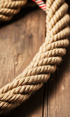 Fototapeta premium Close-Up of Twisted Jute Rope on Wooden Surface, Natural Texture and Detail