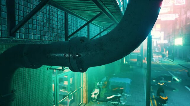 A Serpentine Neon Pipe Illuminating the Night Skyline of an Asian Town