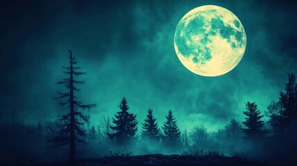 A mystical night scene featuring a large moon illuminating evergreen trees in a foggy landscape.