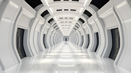 Futuristic long bright white hallway. Generative AI