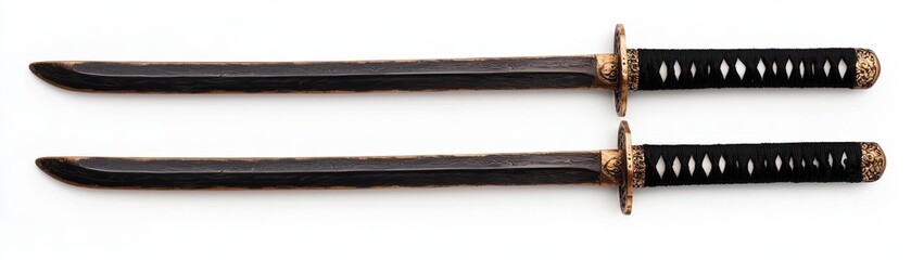 A pair of traditional swords featuring elegant black handles and detailed craftsmanship, ideal for martial arts or decoration.