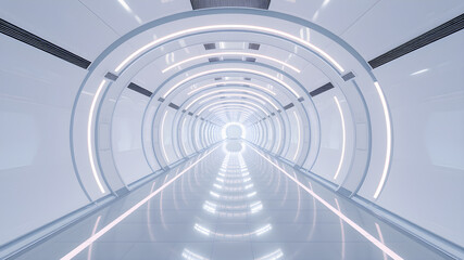 Fototapeta premium Futuristic long bright white hallway. Generative AI