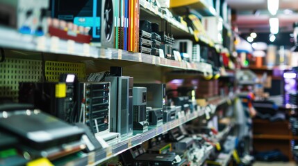 Electronic devices filling shelves in electronics store
