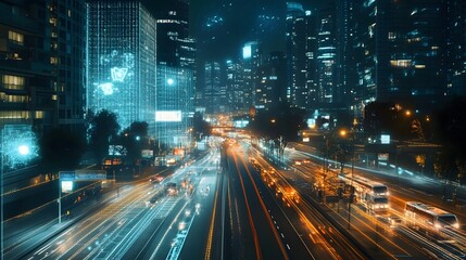 Obraz premium Futuristic cityscape at night with illuminated buildings and busy traffic