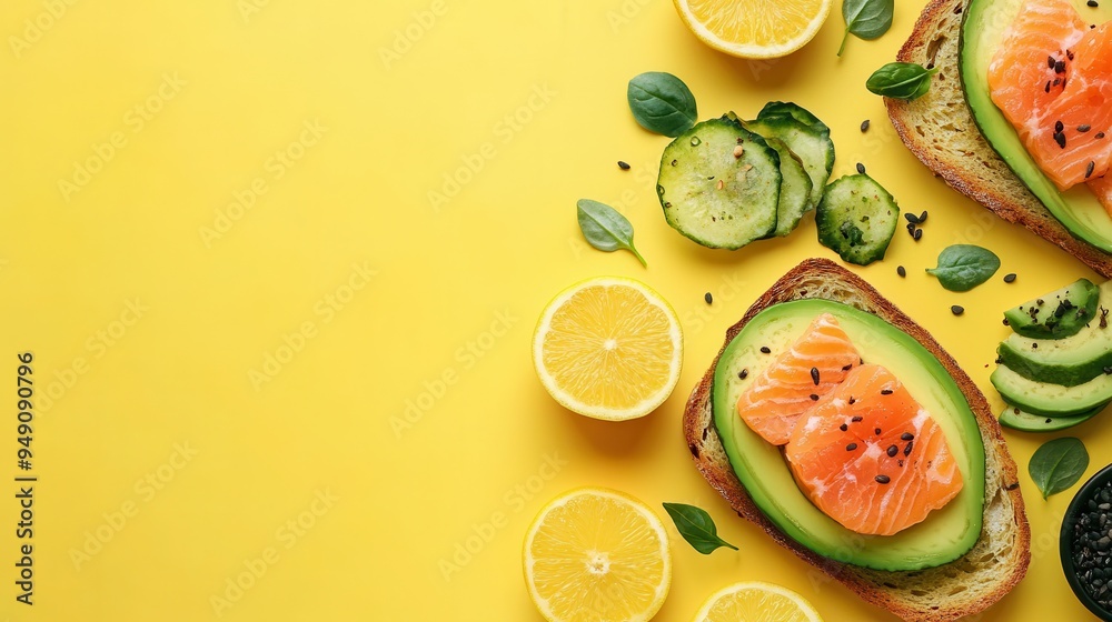 Poster enjoy a nutritious breakfast featuring avocado toast topped with salmon and vibrant citrus fruits ar