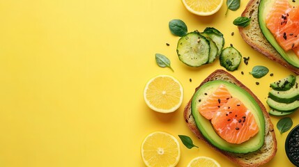 Enjoy a nutritious breakfast featuring avocado toast topped with salmon and vibrant citrus fruits arranged beautifully. Generative AI
