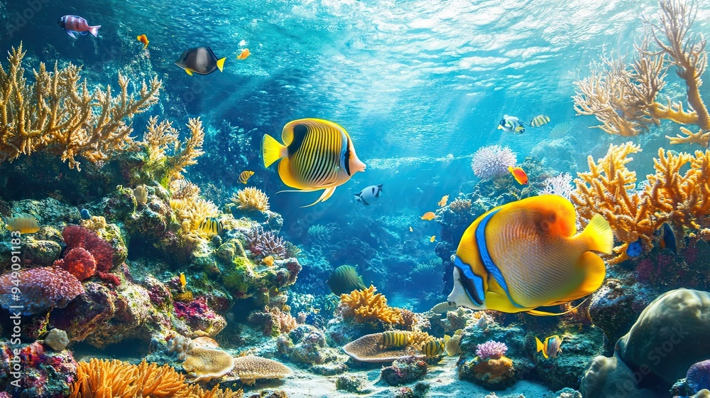 Wall mural Vibrant Coral Reef with Colorful Fish and Sunlight