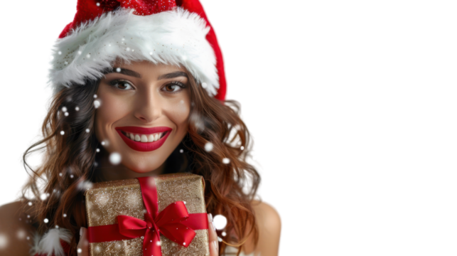 Woman smiling with Christmas gift present box isolated on white background