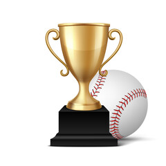 Vector 3d Realistic Metal Yellow Golden Champion Cup and Baseball Set, Isolated. Championship Trophy Design Template for Sports Concept, Front View