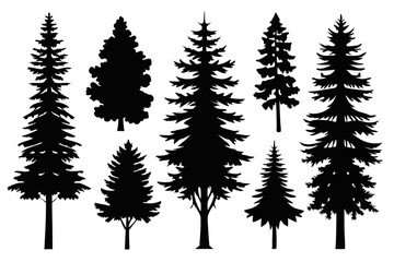 Pine Trres vector trees set. Tree icons are set in a modern flat style. Vector silhouette, graphic trees elements and landscape