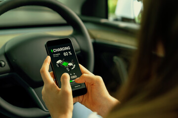 Young woman inside the vehicle, checking EV vehicle's application on battery recharging electricity...