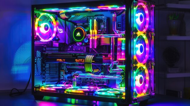 Modern open computer case showing rgb lights reflecting on a table