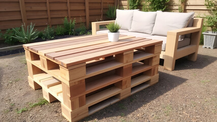 Pallet table with couch in garden. Generative AI