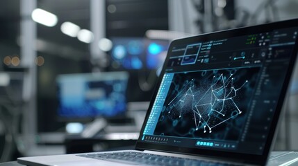 Modern laptop displaying complex data analysis software in a technological research lab