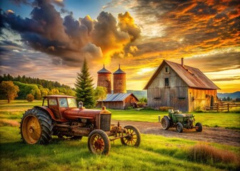 Obraz premium Nostalgic farm equipment tractor landscape
