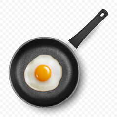 Vector 3d Realistic Fried Egg in the Black Frying Pan, Closeup Isolated, Top View. Design Template of Scrambled Eggs, Fried Egg, Omelette. Delicious Breakfast, Food, Culinary Concept