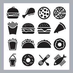 Set of fast food silhouette chicken grill, pizza, chicken sandwich, pasta, burger, French fries, sandwich, chicken wings vector in white background