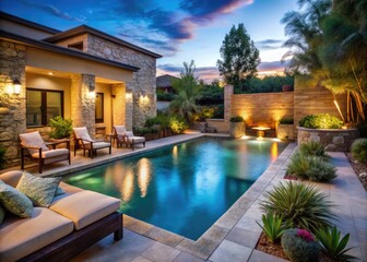 Fototapeta premium Outdoor Oasis Swimming Pool Patio Cozy Intimate Water Feature Relaxation Seclusion Calming Atmosphere