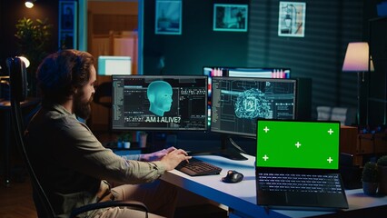 AI becoming sentient, chatting with computer scientist, asking existential questions, green screen...