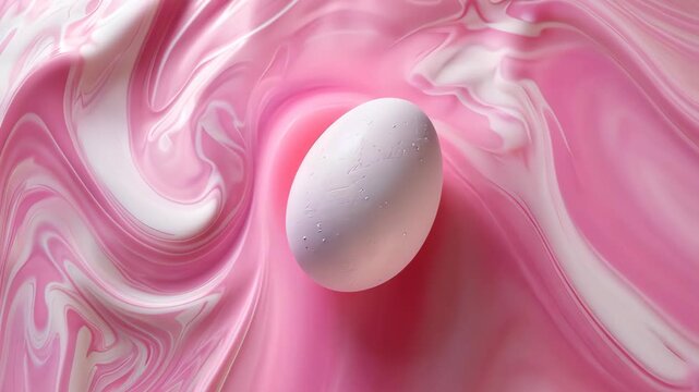 White egg on pink marble background, abstract art concept.