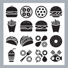 Set of fast food silhouette chicken grill, pizza, chicken sandwich, pasta, burger, French fries, sandwich, chicken wings vector in white background