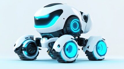 The small AI robot with wheels and sensors navigates on a smooth surface, showcasing advanced technology in a bright environment