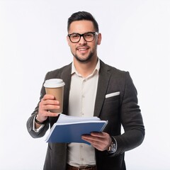 Young male journalist with a cup of coffee and notes