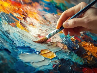 Fototapeta premium Artist mixing paints on a palette in a brightly lit studio, creative style, soft lighting, close-up, vibrant colors, high detail