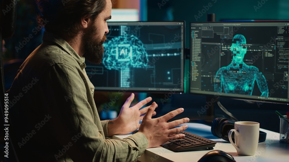 Poster sentient ai gains humanoid form inside computer, waving hand, greeting its creator. self aware artif