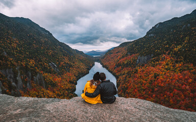 Hiking Adventure Couple Hold Each Other On Top of Mountain Autumn Fall Foliage Indian Head...
