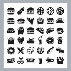 Set of fast food silhouette chicken grill, pizza, chicken sandwich, pasta, burger, French fries, sandwich, chicken wings vector in white background