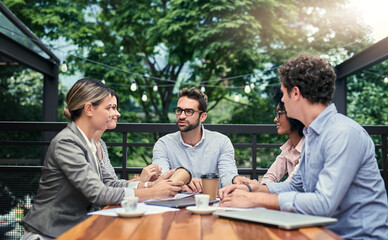 Business people, cafe and finance discussion at meeting, outdoor and collaboration for budget...