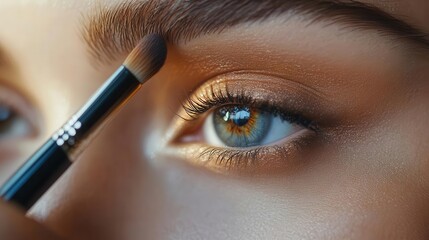 Naklejka premium Makeup artist applying eyeshadow on a model, glamorous style, soft lighting, close-up, high detail, neutral tones