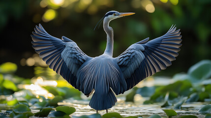 Great Blue Heron Spreading Wings over Lush Wetland at Sunrise over a serene, sunlit wetland, surrounded by vibrant green foliage and gentle morning light.