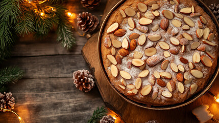 Fototapeta premium Holiday cake topped with almonds and copy space