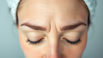 Woman's frown line wrinkles between eyebrows. Generative AI