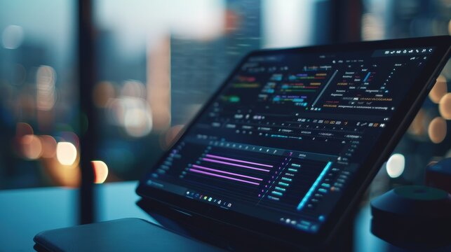 Modern laptop showing software code on screen at night in office with city lights background