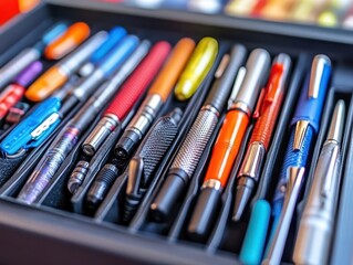 Fototapeta premium Pen holder with multiple slots, filled with pens, modern office style, neutral tones, top-down view, soft focus, bright lighting