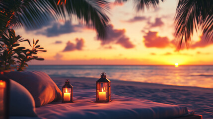 A lounge chair on a tropical sandy beach at sunset with decorative lanterns