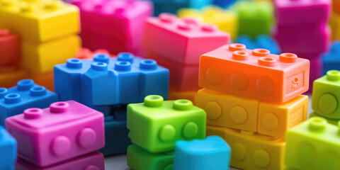 Fototapeta premium Multicolored Toy blocks on simple background with copy space. Various rainbow colored stackable plastic toy bricks. Early education construction concept 