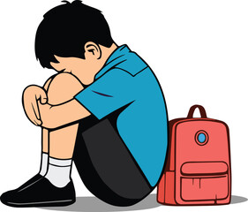 Alone and Abandoned An Illustration Depicting Child Rights Issues and the Emotional Impact of Bullying Abuse and Loneliness on Elementary Age Boys in the USA palm on face and down between two knee png