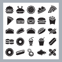 Set of fast food silhouette chicken grill, pizza, chicken sandwich, pasta, burger, French fries, sandwich, chicken wings vector in white background