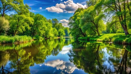 Fototapeta premium Serene landscape featuring a winding river surrounded by lush green trees, their reflections mirrored in the calm water on a warm sunny day.