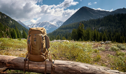 Travel backpack on a forest log against the backdrop of a mountain landscape. The concept of hiking and traveling in spring