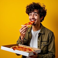 Young indian man eating delicious pizza on yellow isolated background. Happy handsome young teen boy holding slice of pizza